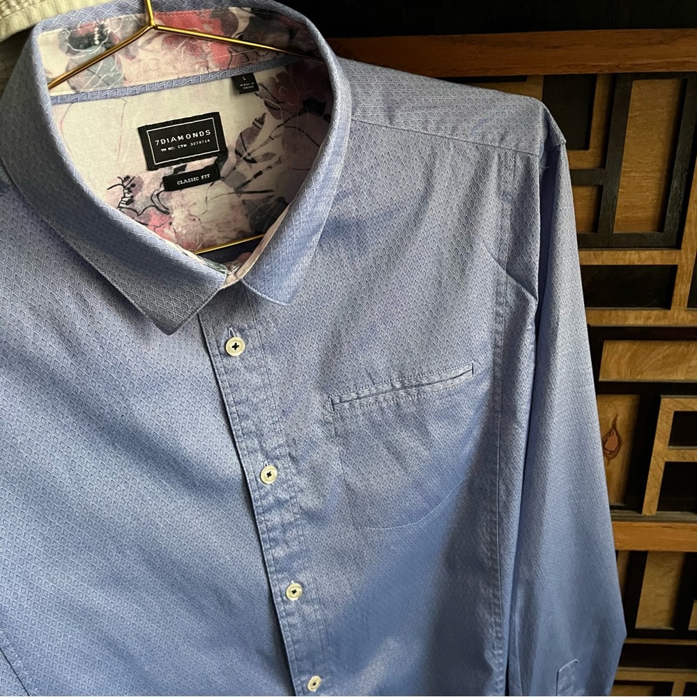 HOLD*** 7 DIAMONDS Men's Blue Diamond & Floral Button Down Shirt - Sz L